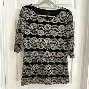 Connected Apparel Floral Lace Striped Black 1/2 Sleeve Blouse Women Sz XL